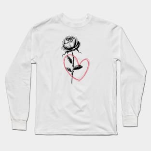 Black Rose Flower With Red Heart Long Sleeve T-Shirt